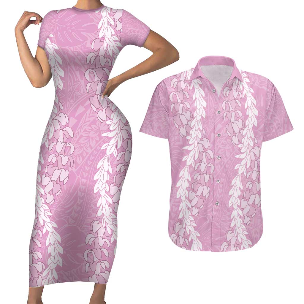 Puakenikeni and Maile Lei Couples Matching Short Sleeve Bodycon Dress and Hawaiian Shirt Pink Double Strand Lei