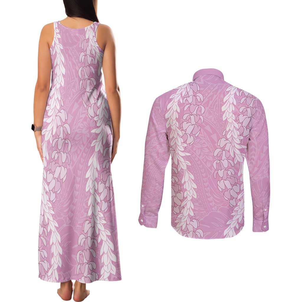 Puakenikeni and Maile Lei Couples Matching Tank Maxi Dress and Long Sleeve Button Shirt Pink Double Strand Lei LT9 - Polynesian Pride