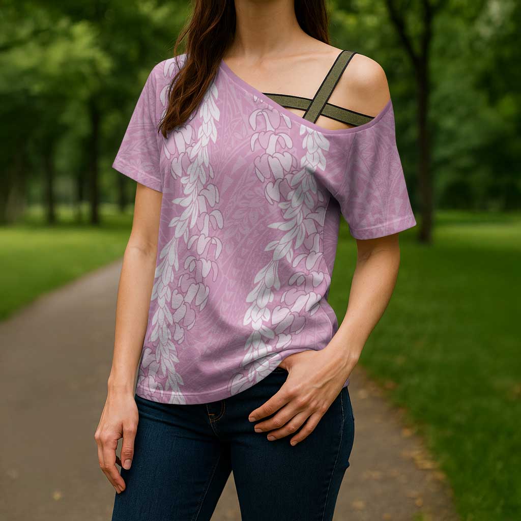 Puakenikeni and Maile Lei Cross Shoulder Shirt Pink Double Strand Lei - Polynesian Pride