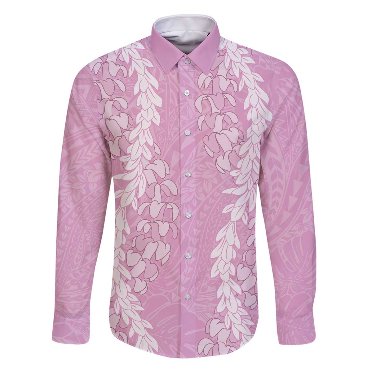 Puakenikeni and Maile Lei Family Matching Off The Shoulder Long Sleeve Dress and Hawaiian Shirt Pink Double Strand Lei