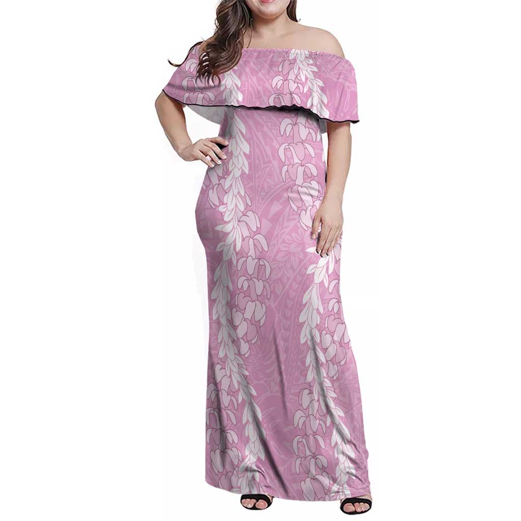 Puakenikeni and Maile Lei Family Matching Off Shoulder Maxi Dress and Hawaiian Shirt Pink Double Strand Lei