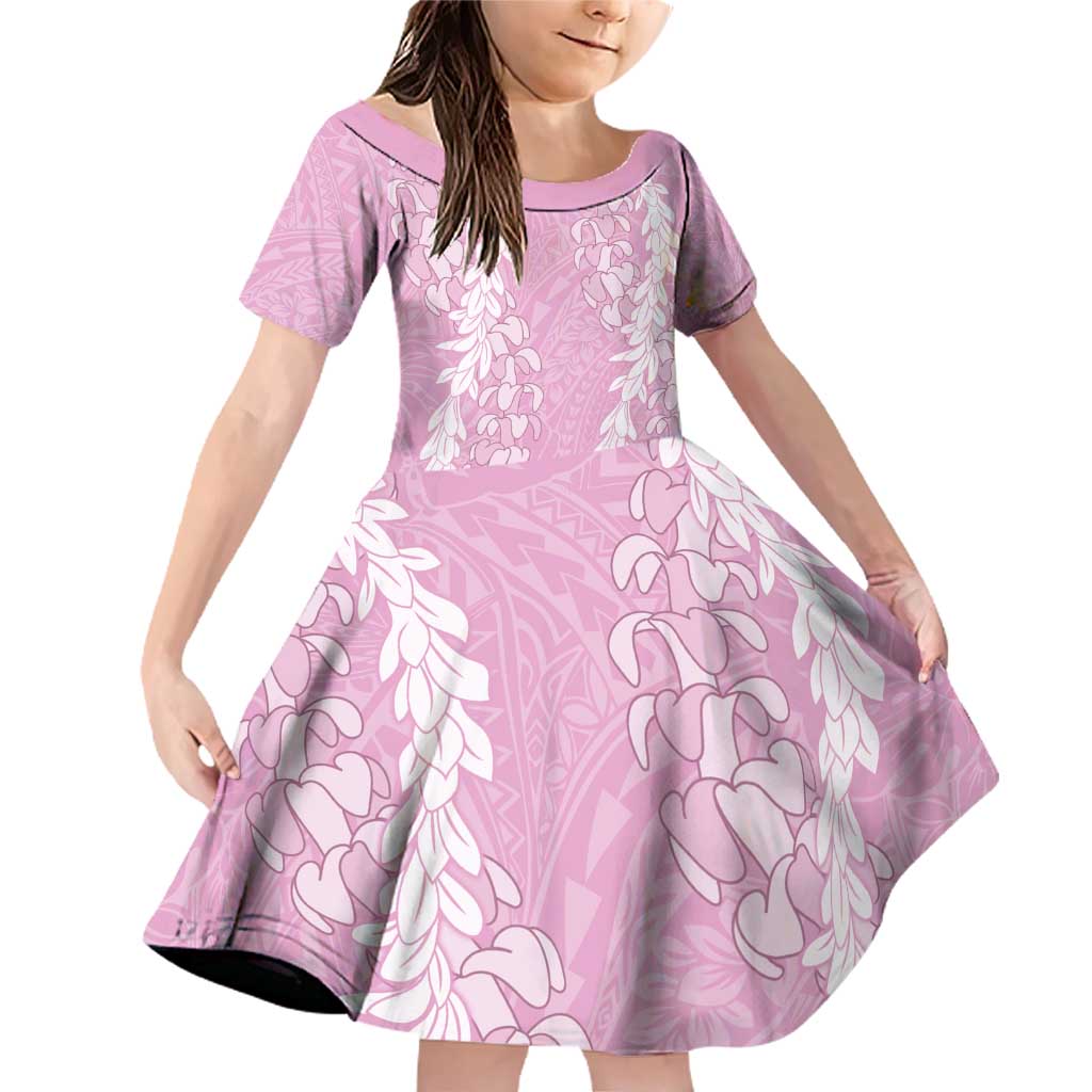 Puakenikeni and Maile Lei Family Matching Off Shoulder Short Dress and Hawaiian Shirt Pink Double Strand Lei