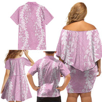 Puakenikeni and Maile Lei Family Matching Off Shoulder Short Dress and Hawaiian Shirt Pink Double Strand Lei