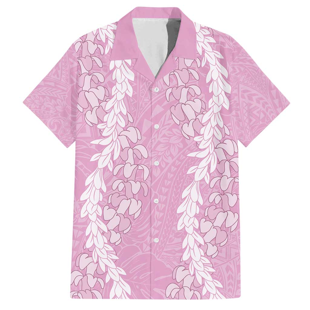 Puakenikeni and Maile Lei Family Matching Off Shoulder Short Dress and Hawaiian Shirt Pink Double Strand Lei