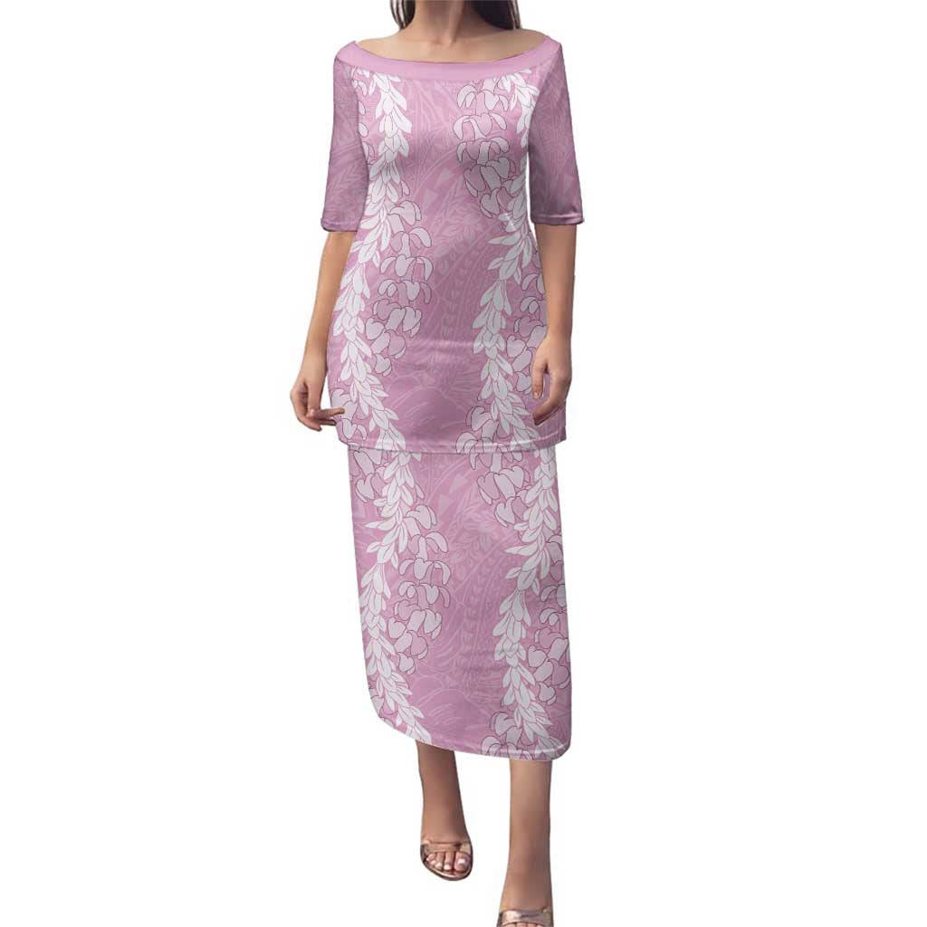 Puakenikeni and Maile Lei Family Matching Puletasi and Hawaiian Shirt Pink Double Strand Lei