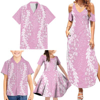 Puakenikeni and Maile Lei Family Matching Summer Maxi Dress and Hawaiian Shirt Pink Double Strand Lei