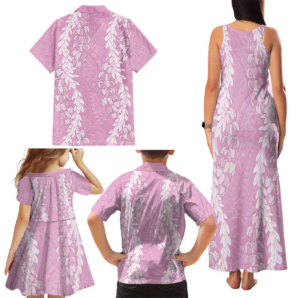 Puakenikeni and Maile Lei Family Matching Tank Maxi Dress and Hawaiian Shirt Pink Double Strand Lei