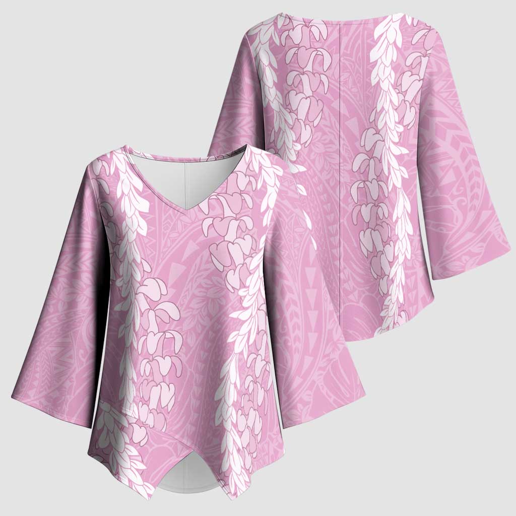 Puakenikeni and Maile Lei Kimono Sleeve Blouse Pink Double Strand Lei - Polynesian Pride