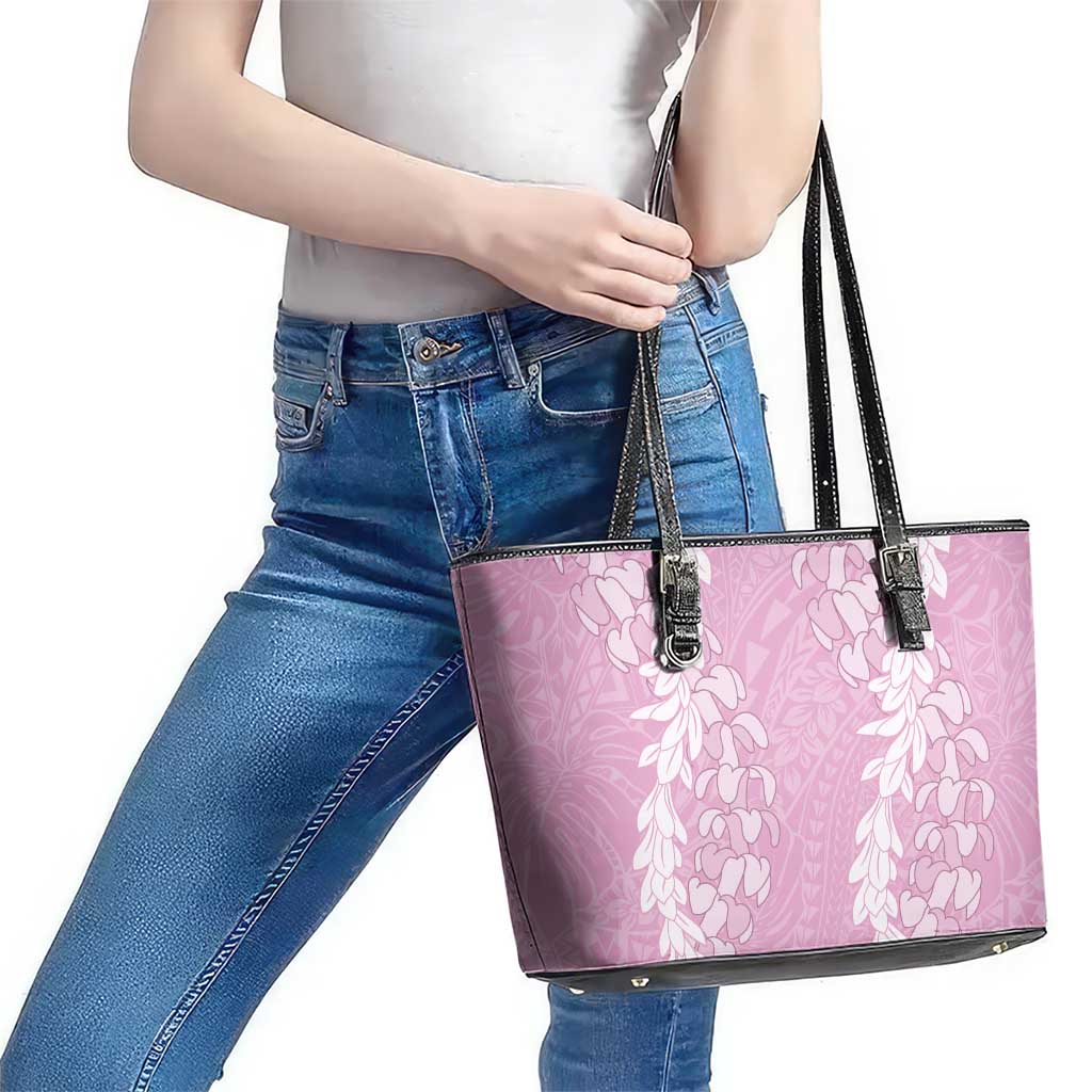 Puakenikeni and Maile Lei Leather Tote Bag Pink Double Strand Lei