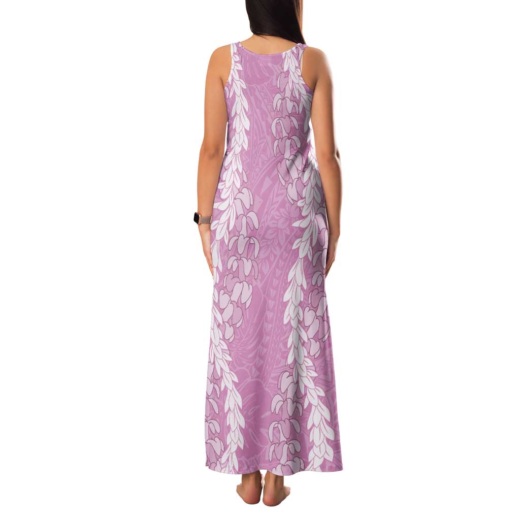 Puakenikeni and Maile Lei Tank Maxi Dress Pink Double Strand Lei