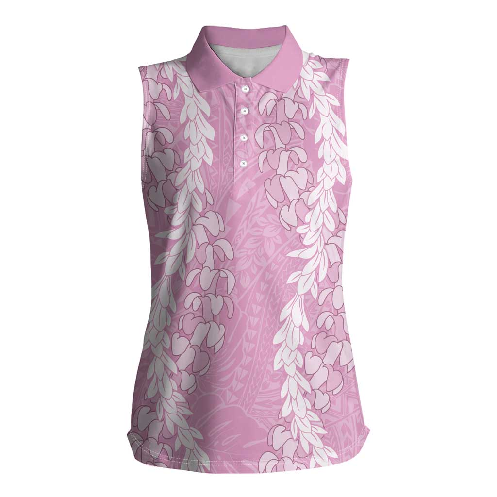 Puakenikeni and Maile Lei Women Sleeveless Polo Shirt Pink Double Strand Lei LT9 Female Pink - Polynesian Pride