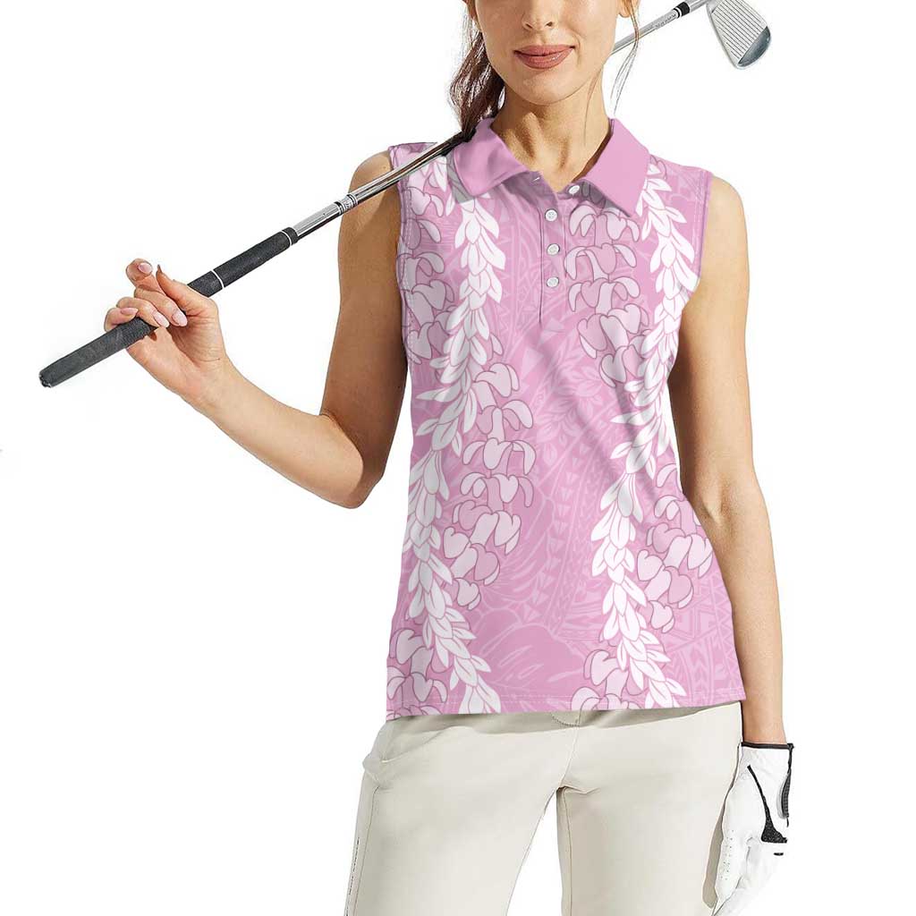 Puakenikeni and Maile Lei Women Sleeveless Polo Shirt Pink Double Strand Lei LT9 - Polynesian Pride