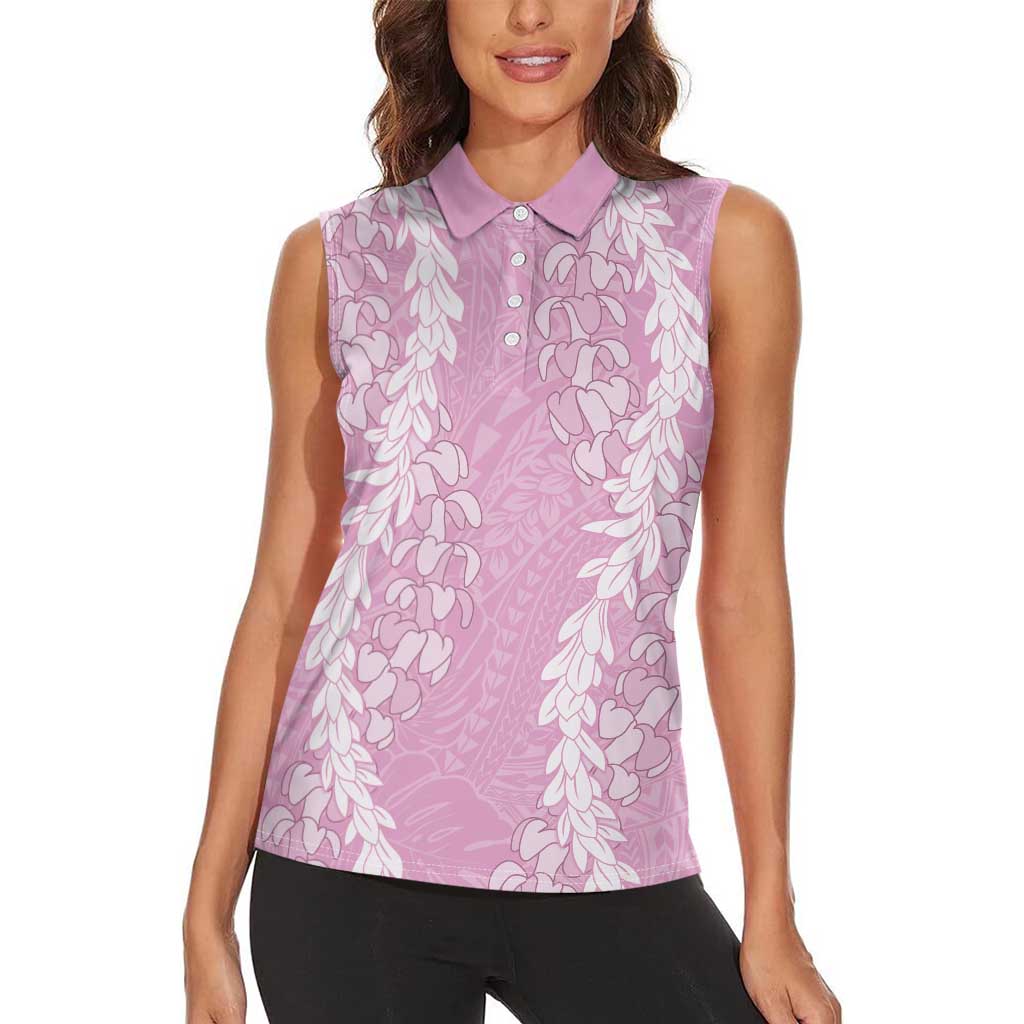 Puakenikeni and Maile Lei Women Sleeveless Polo Shirt Pink Double Strand Lei LT9 - Polynesian Pride