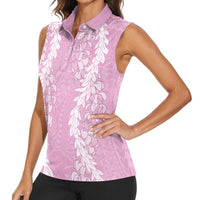 Puakenikeni and Maile Lei Women Sleeveless Polo Shirt Pink Double Strand Lei LT9 - Polynesian Pride