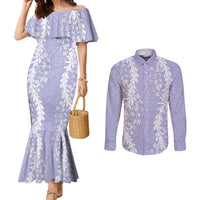 Puakenikeni and Maile Lei Couples Matching Mermaid Dress and Long Sleeve Button Shirt Purple Double Strand Lei LT9 Purple - Polynesian Pride