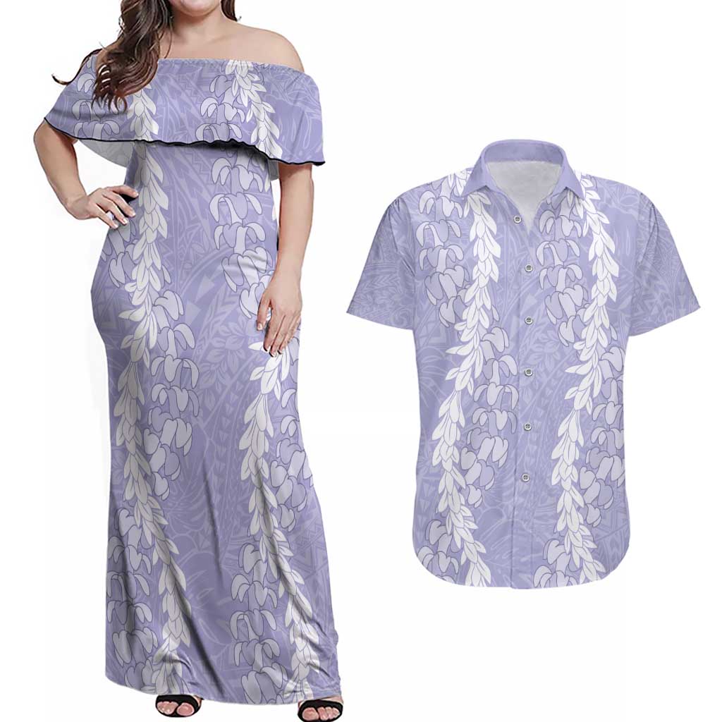 Puakenikeni and Maile Lei Couples Matching Off Shoulder Maxi Dress and Hawaiian Shirt Purple Double Strand Lei