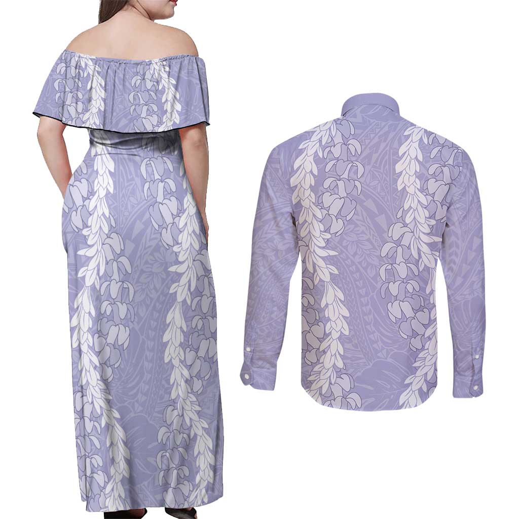 Puakenikeni and Maile Lei Couples Matching Off Shoulder Maxi Dress and Long Sleeve Button Shirt Purple Double Strand Lei LT9 - Polynesian Pride