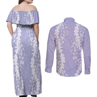 Puakenikeni and Maile Lei Couples Matching Off Shoulder Maxi Dress and Long Sleeve Button Shirt Purple Double Strand Lei LT9 - Polynesian Pride