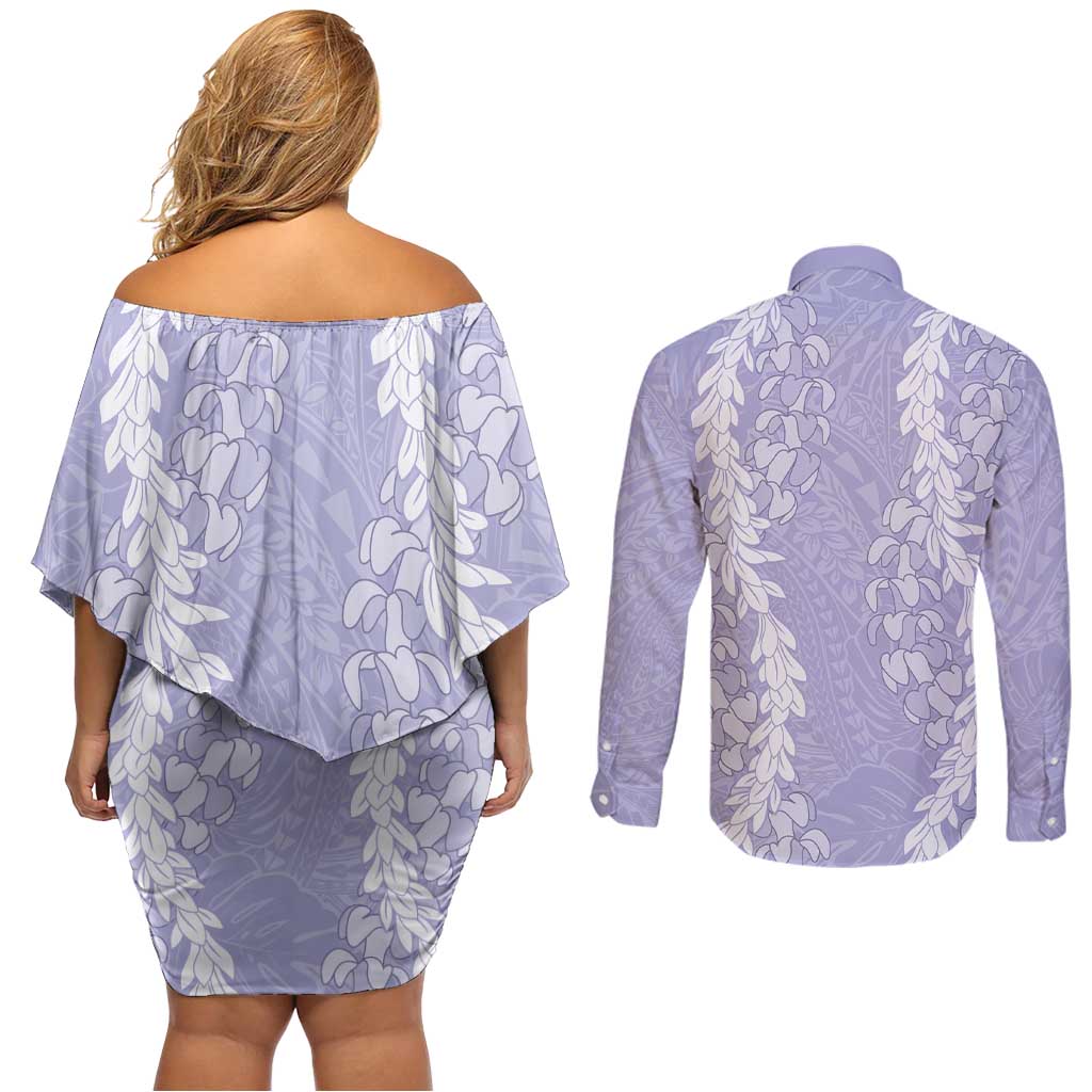 Puakenikeni and Maile Lei Couples Matching Off Shoulder Short Dress and Long Sleeve Button Shirt Purple Double Strand Lei LT9 - Polynesian Pride