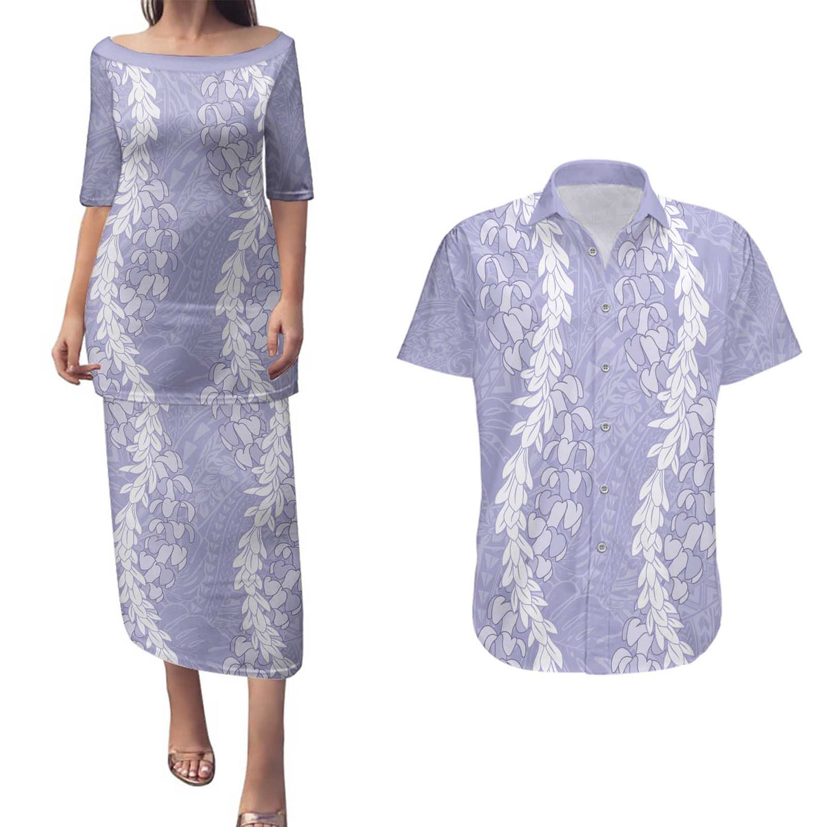 Puakenikeni and Maile Lei Couples Matching Puletasi and Hawaiian Shirt Purple Double Strand Lei