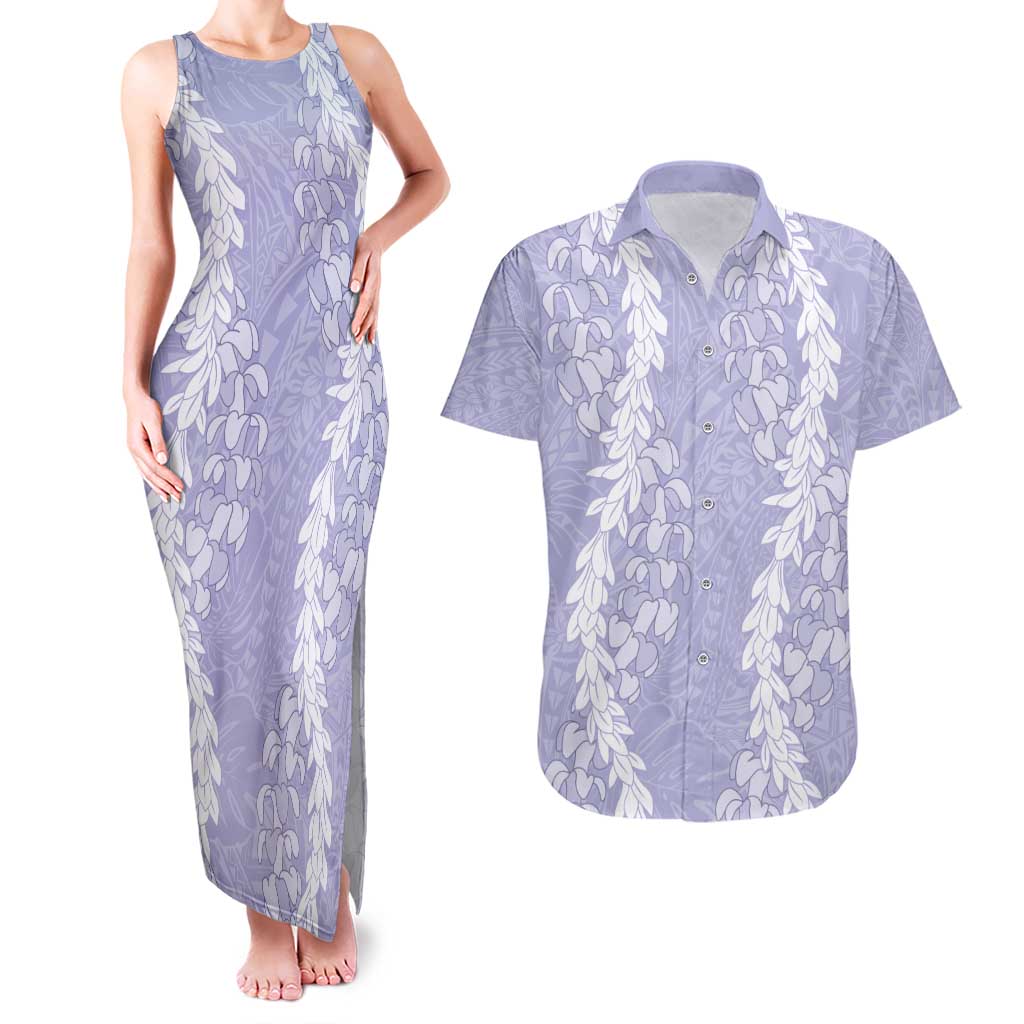 Puakenikeni and Maile Lei Couples Matching Tank Maxi Dress and Hawaiian Shirt Purple Double Strand Lei