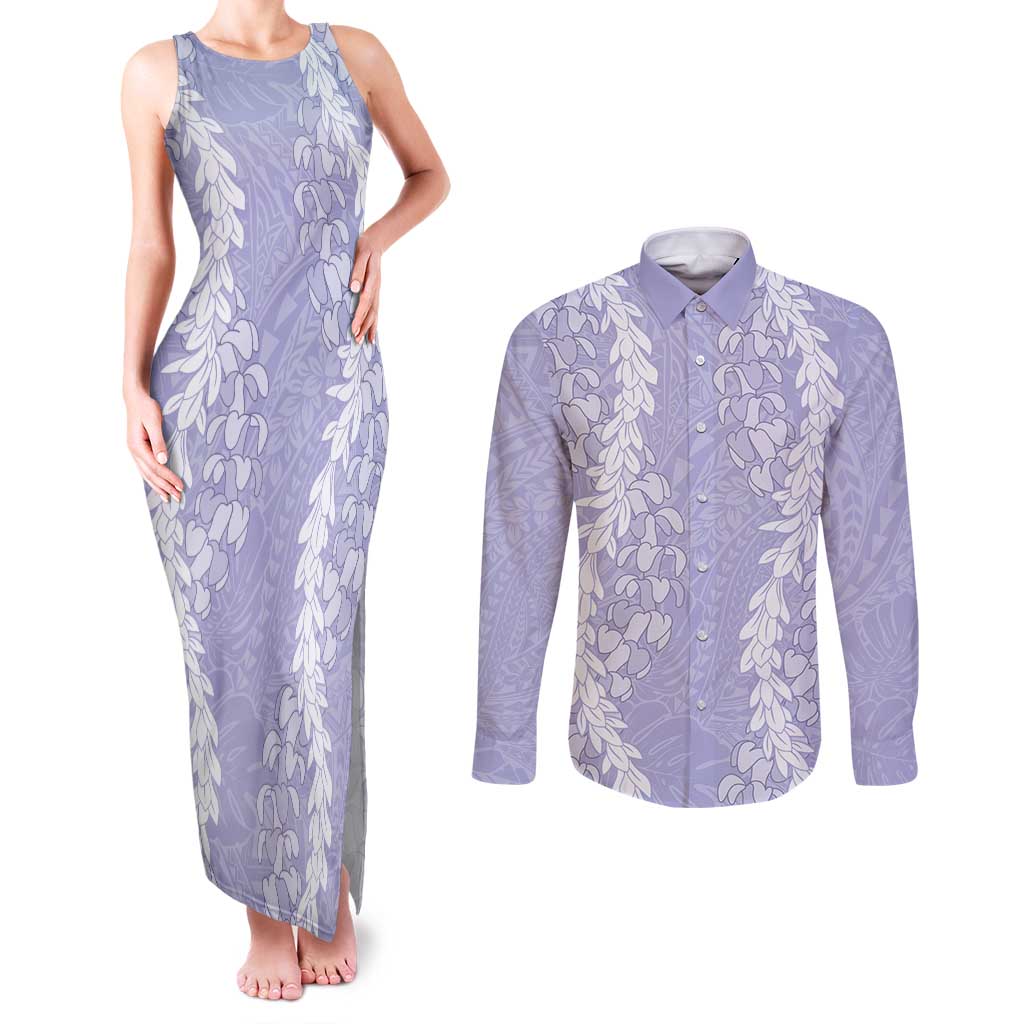 Puakenikeni and Maile Lei Couples Matching Tank Maxi Dress and Long Sleeve Button Shirt Purple Double Strand Lei LT9 Purple - Polynesian Pride