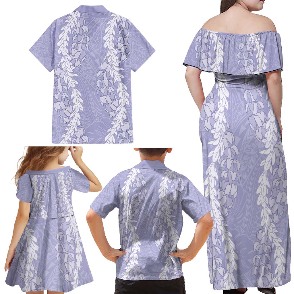 Puakenikeni and Maile Lei Family Matching Off Shoulder Maxi Dress and Hawaiian Shirt Purple Double Strand Lei