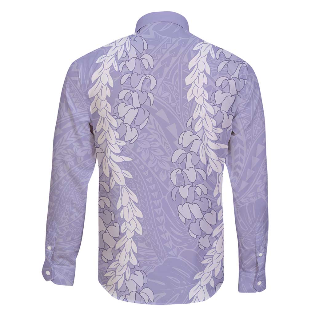 Puakenikeni and Maile Lei Family Matching Off Shoulder Maxi Dress and Hawaiian Shirt Purple Double Strand Lei