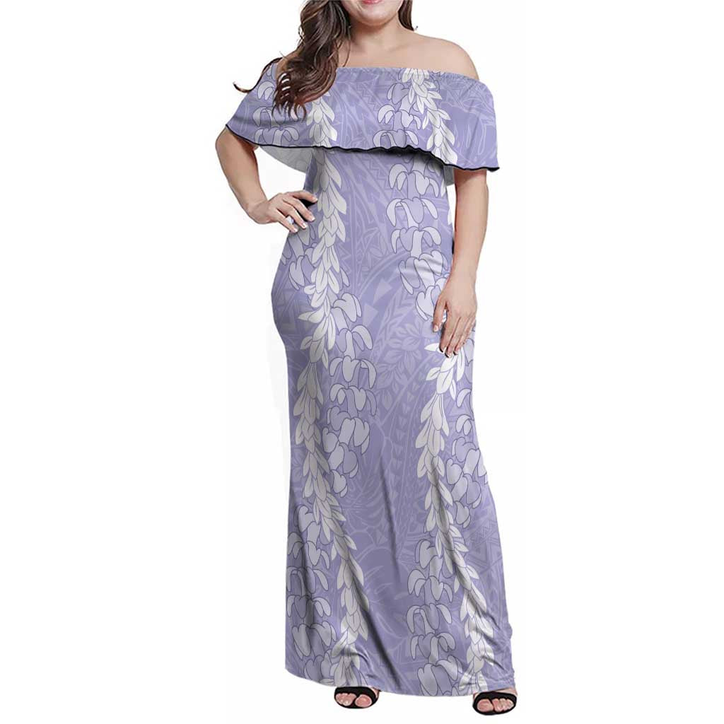 Puakenikeni and Maile Lei Family Matching Off Shoulder Maxi Dress and Hawaiian Shirt Purple Double Strand Lei