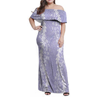 Puakenikeni and Maile Lei Family Matching Off Shoulder Maxi Dress and Hawaiian Shirt Purple Double Strand Lei