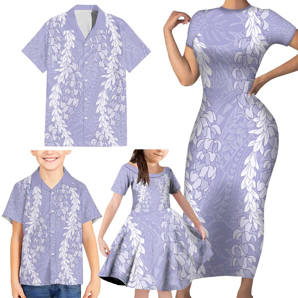 Puakenikeni and Maile Lei Family Matching Short Sleeve Bodycon Dress and Hawaiian Shirt Purple Double Strand Lei