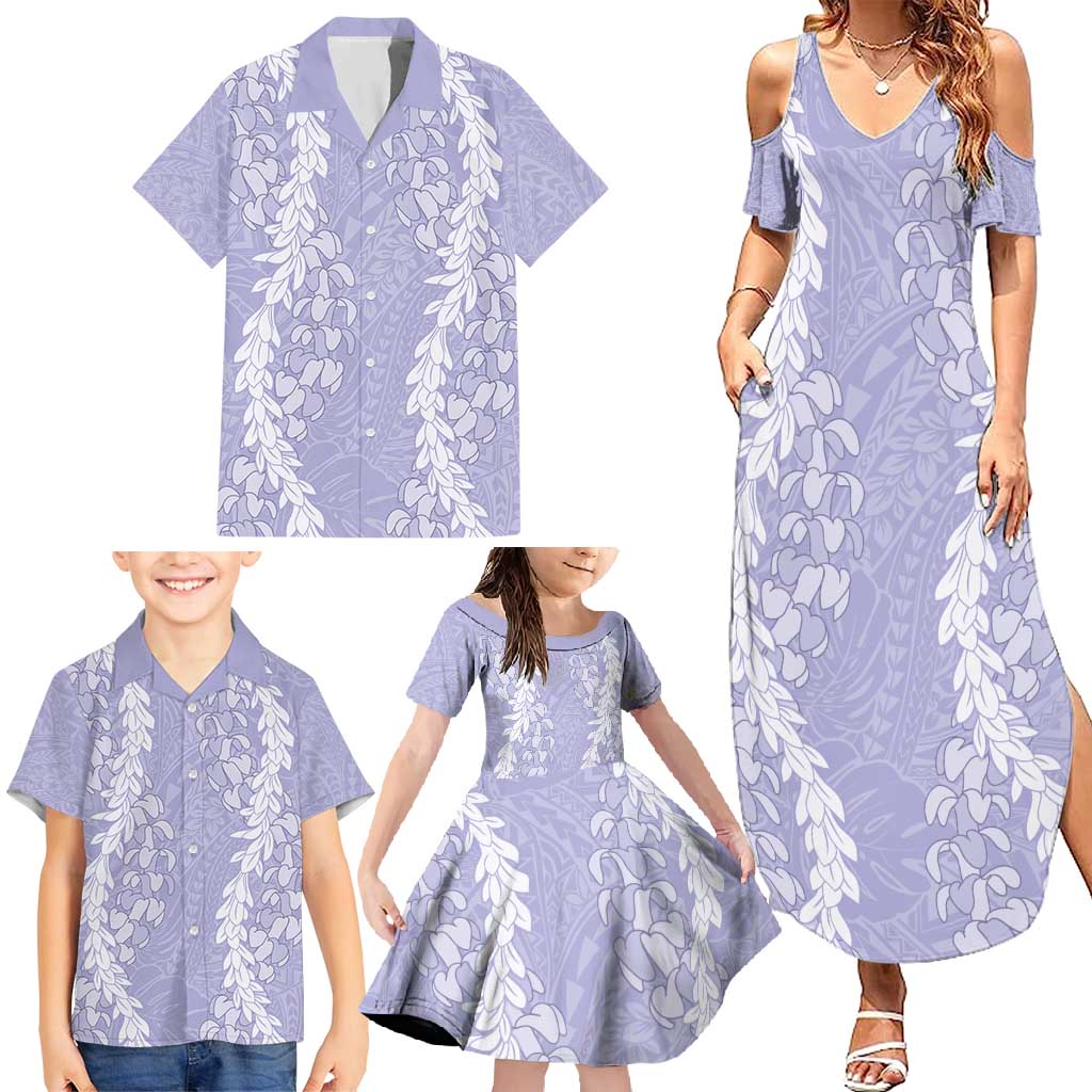 Puakenikeni and Maile Lei Family Matching Summer Maxi Dress and Hawaiian Shirt Purple Double Strand Lei