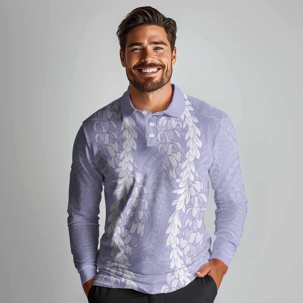 Puakenikeni and Maile Lei Long Sleeve Polo Shirt Purple Double Strand Lei LT9 - Polynesian Pride