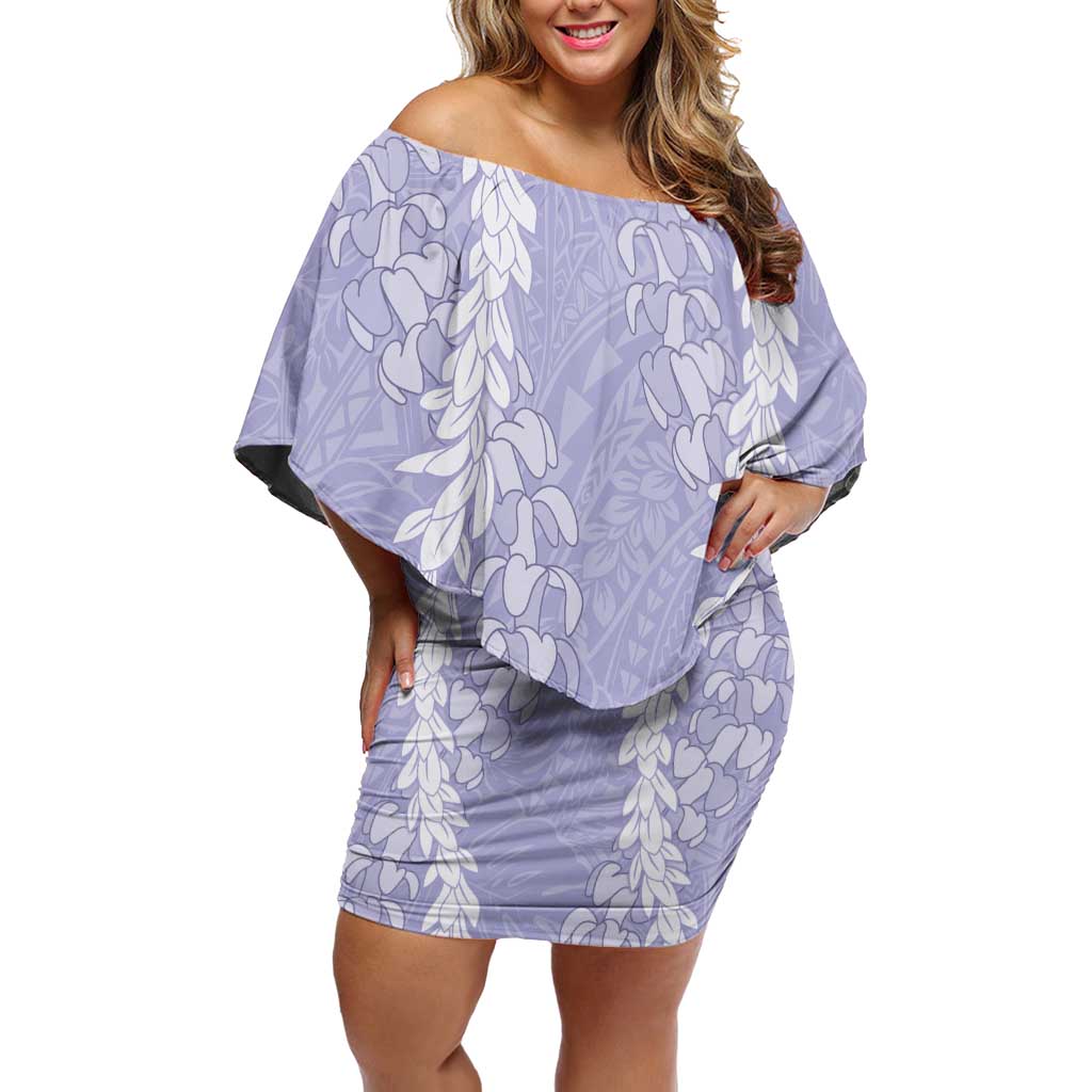 Puakenikeni and Maile Lei Off Shoulder Short Dress Purple Double Strand Lei
