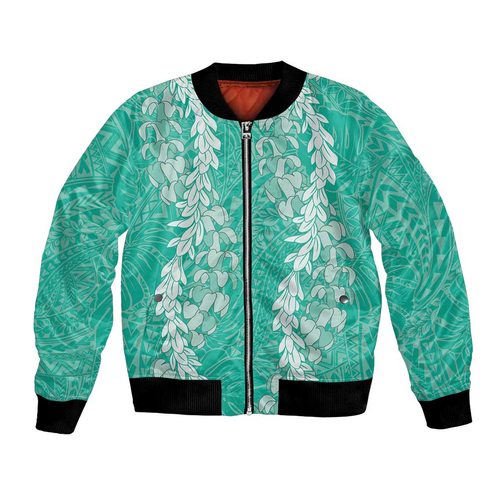 Puakenikeni and Maile Lei Bomber Jacket Sage Green Double Strand Lei LT9 Unisex Sage Green - Polynesian Pride