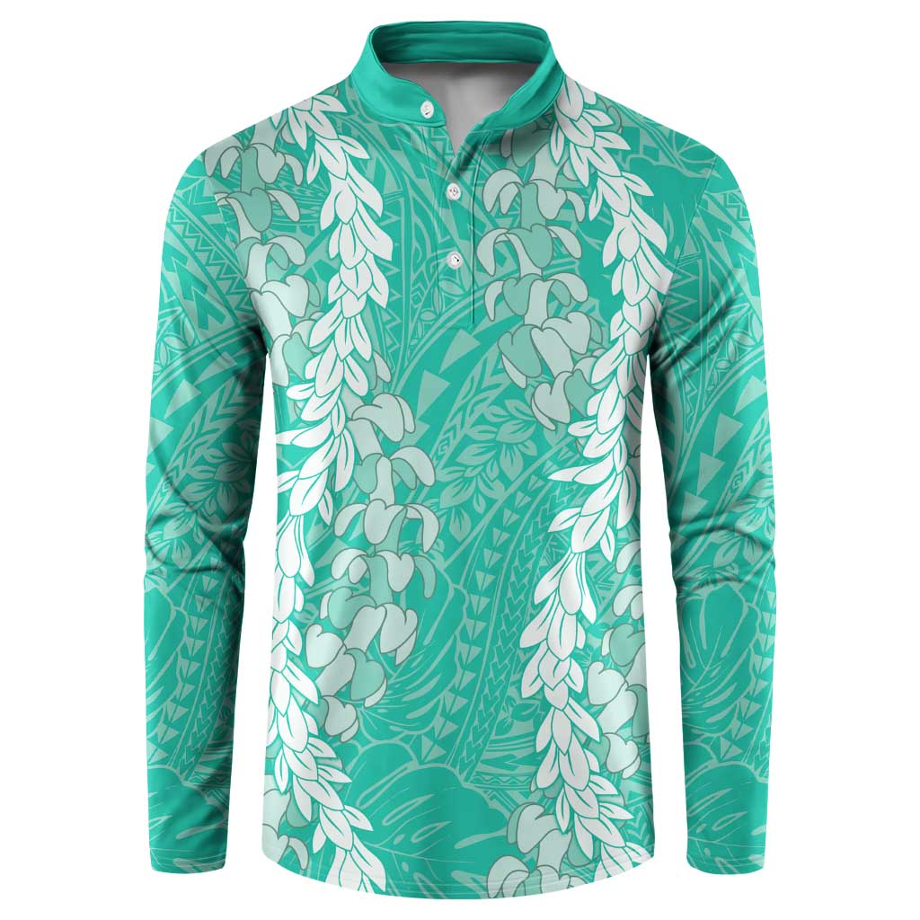 Puakenikeni and Maile Lei Button Sweatshirt Sage Green Double Strand Lei LT9 Sage Green - Polynesian Pride