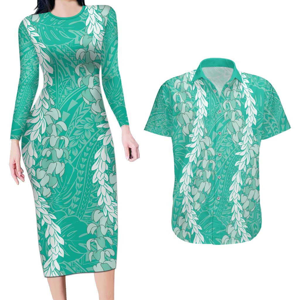 Puakenikeni and Maile Lei Couples Matching Long Sleeve Bodycon Dress and Hawaiian Shirt Sage Green Double Strand Lei