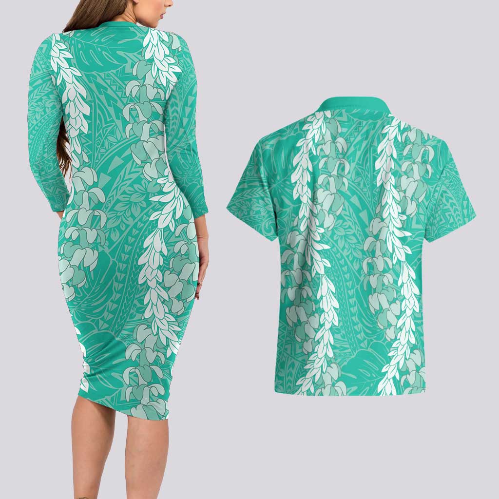 Puakenikeni and Maile Lei Couples Matching Long Sleeve Bodycon Dress and Hawaiian Shirt Sage Green Double Strand Lei