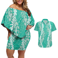 Puakenikeni and Maile Lei Couples Matching Off Shoulder Short Dress and Hawaiian Shirt Sage Green Double Strand Lei