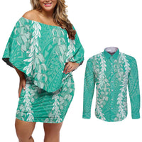 Puakenikeni and Maile Lei Couples Matching Off Shoulder Short Dress and Long Sleeve Button Shirt Sage Green Double Strand Lei LT9 Sage Green - Polynesian Pride