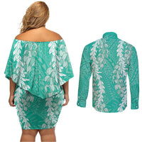 Puakenikeni and Maile Lei Couples Matching Off Shoulder Short Dress and Long Sleeve Button Shirt Sage Green Double Strand Lei LT9 - Polynesian Pride