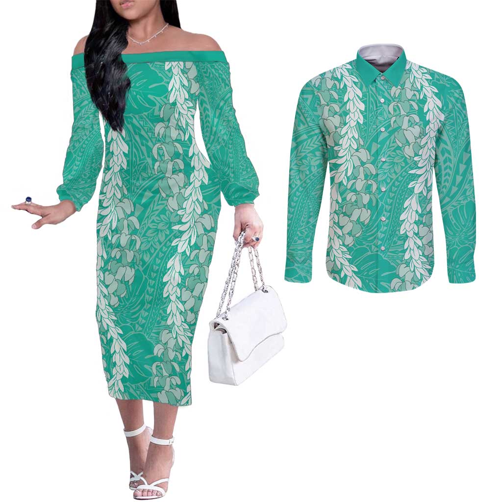 Puakenikeni and Maile Lei Couples Matching Off The Shoulder Long Sleeve Dress and Long Sleeve Button Shirt Sage Green Double Strand Lei