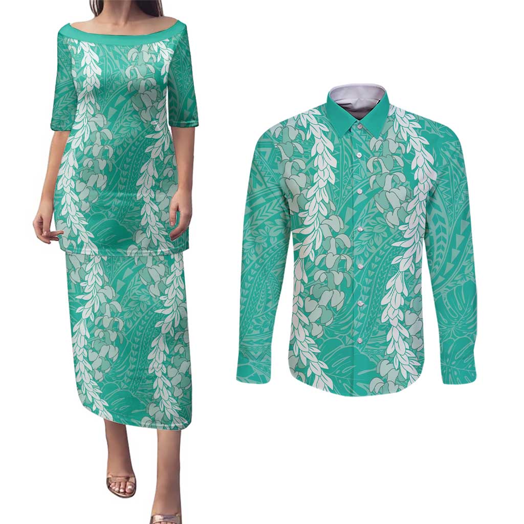 Puakenikeni and Maile Lei Couples Matching Puletasi and Long Sleeve Button Shirt Sage Green Double Strand Lei LT9 Sage Green - Polynesian Pride