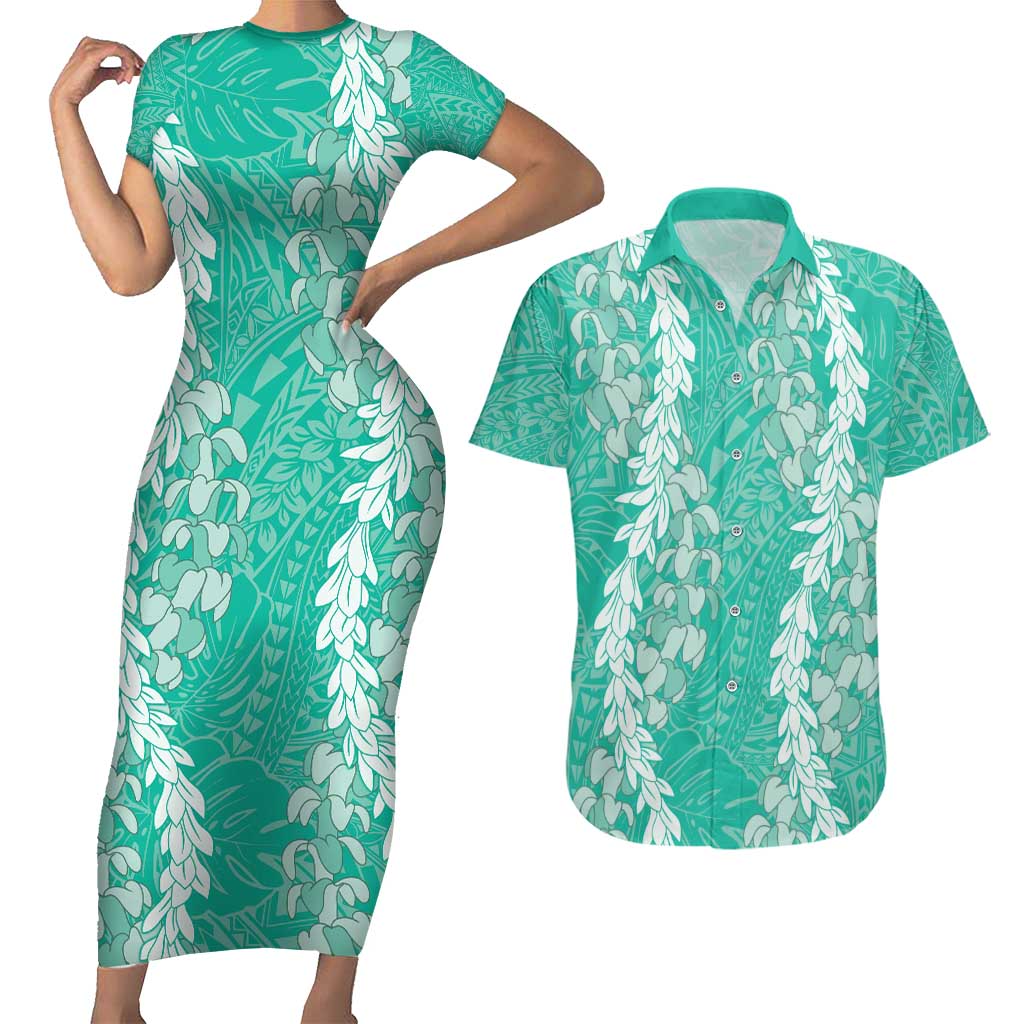 Puakenikeni and Maile Lei Couples Matching Short Sleeve Bodycon Dress and Hawaiian Shirt Sage Green Double Strand Lei