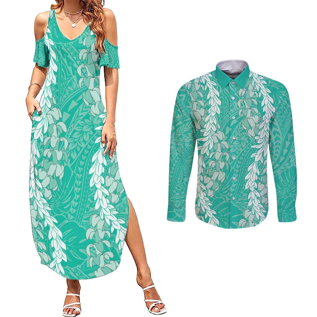 Puakenikeni and Maile Lei Couples Matching Summer Maxi Dress and Long Sleeve Button Shirt Sage Green Double Strand Lei LT9 Sage Green - Polynesian Pride