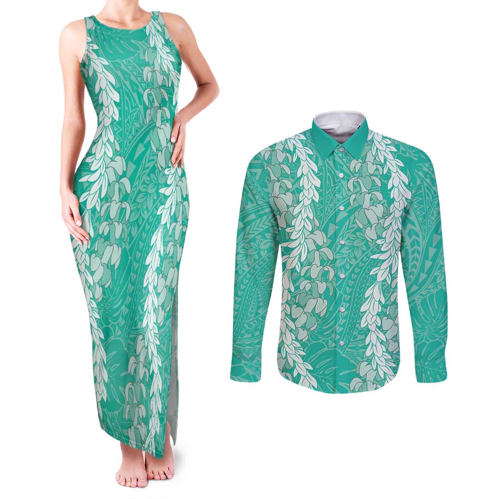 Puakenikeni and Maile Lei Couples Matching Tank Maxi Dress and Long Sleeve Button Shirt Sage Green Double Strand Lei LT9 Sage Green - Polynesian Pride