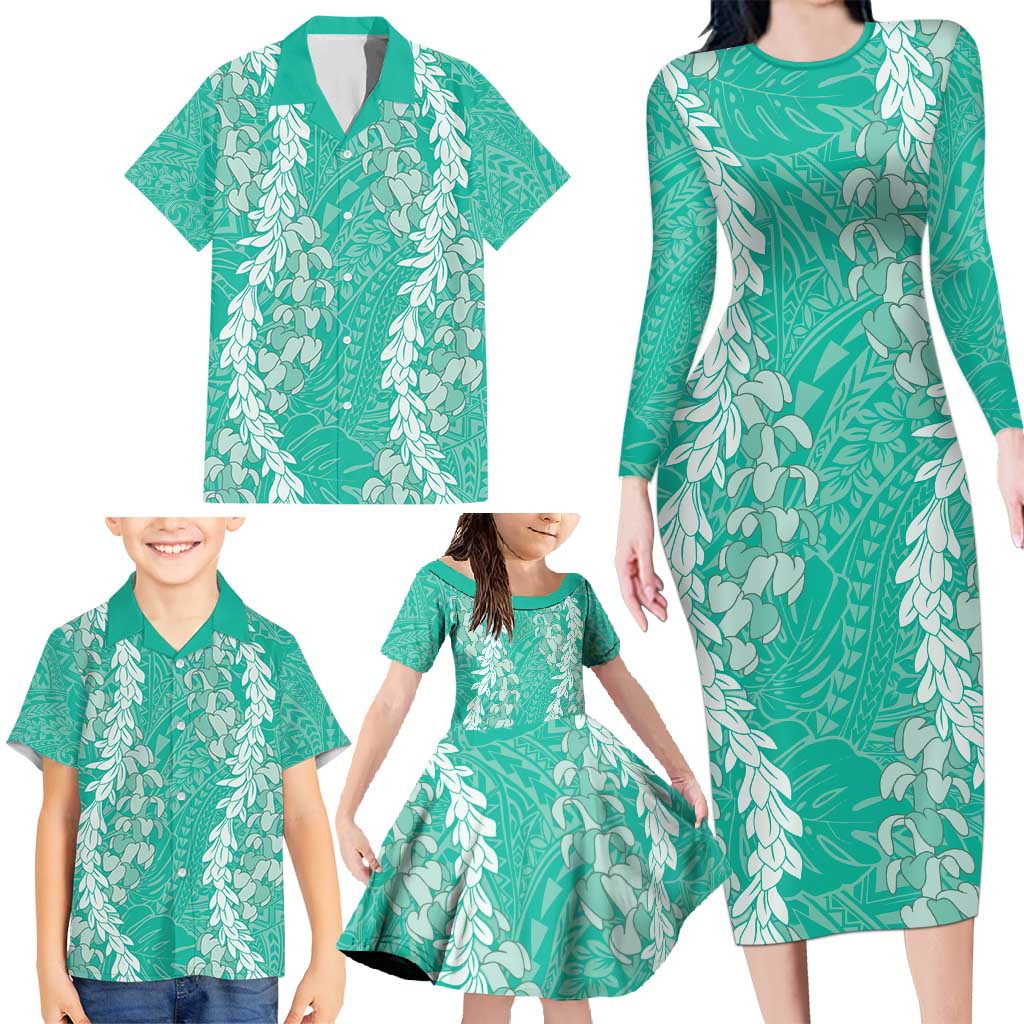 Puakenikeni and Maile Lei Family Matching Long Sleeve Bodycon Dress and Hawaiian Shirt Sage Green Double Strand Lei