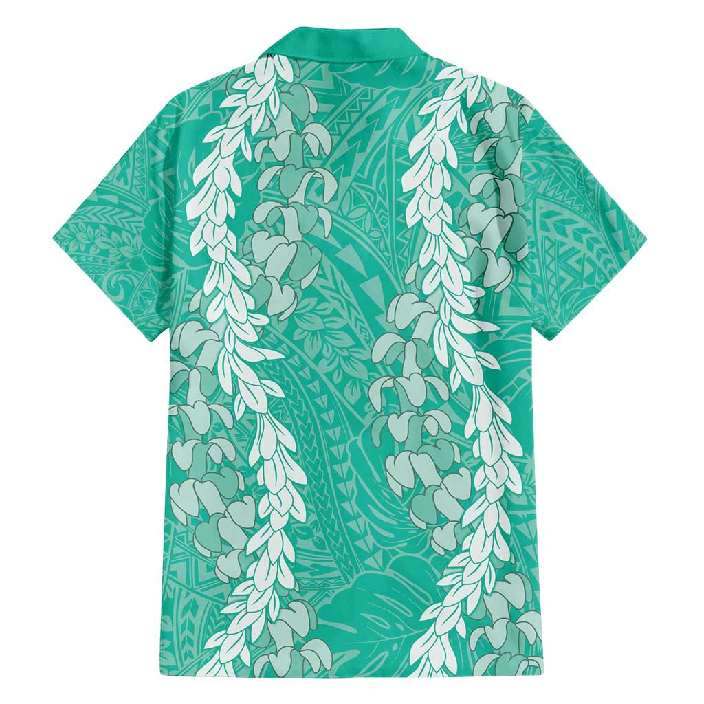 Puakenikeni and Maile Lei Family Matching Long Sleeve Bodycon Dress and Hawaiian Shirt Sage Green Double Strand Lei