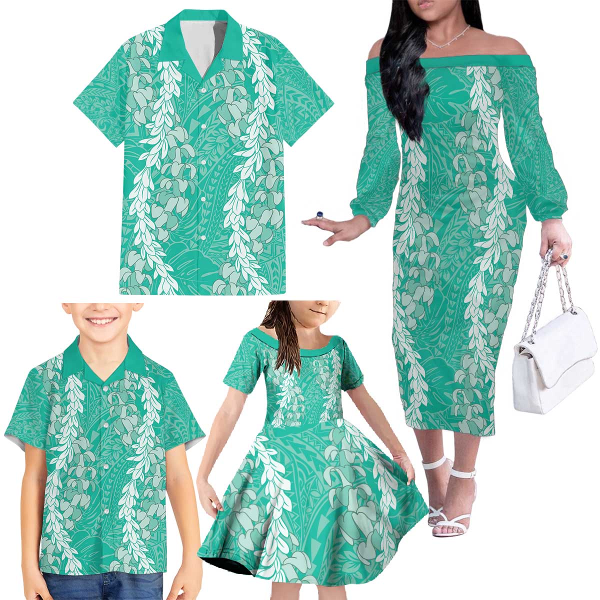 Puakenikeni and Maile Lei Family Matching Off The Shoulder Long Sleeve Dress and Hawaiian Shirt Sage Green Double Strand Lei