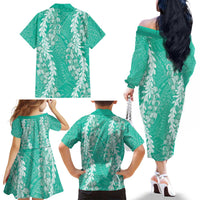 Puakenikeni and Maile Lei Family Matching Off The Shoulder Long Sleeve Dress and Hawaiian Shirt Sage Green Double Strand Lei